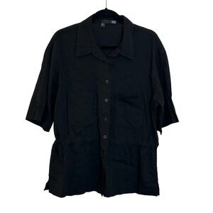 Eileen Fisher Linen Blend Button Down Short Sleeve Shirt Size L Black Drawstring